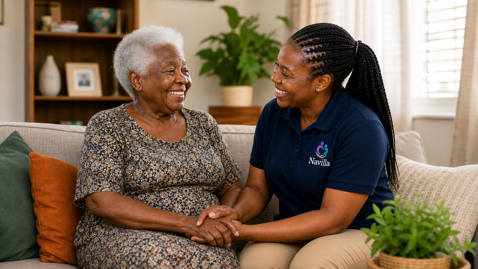 Care assistant holding hands with an elderly woman at home