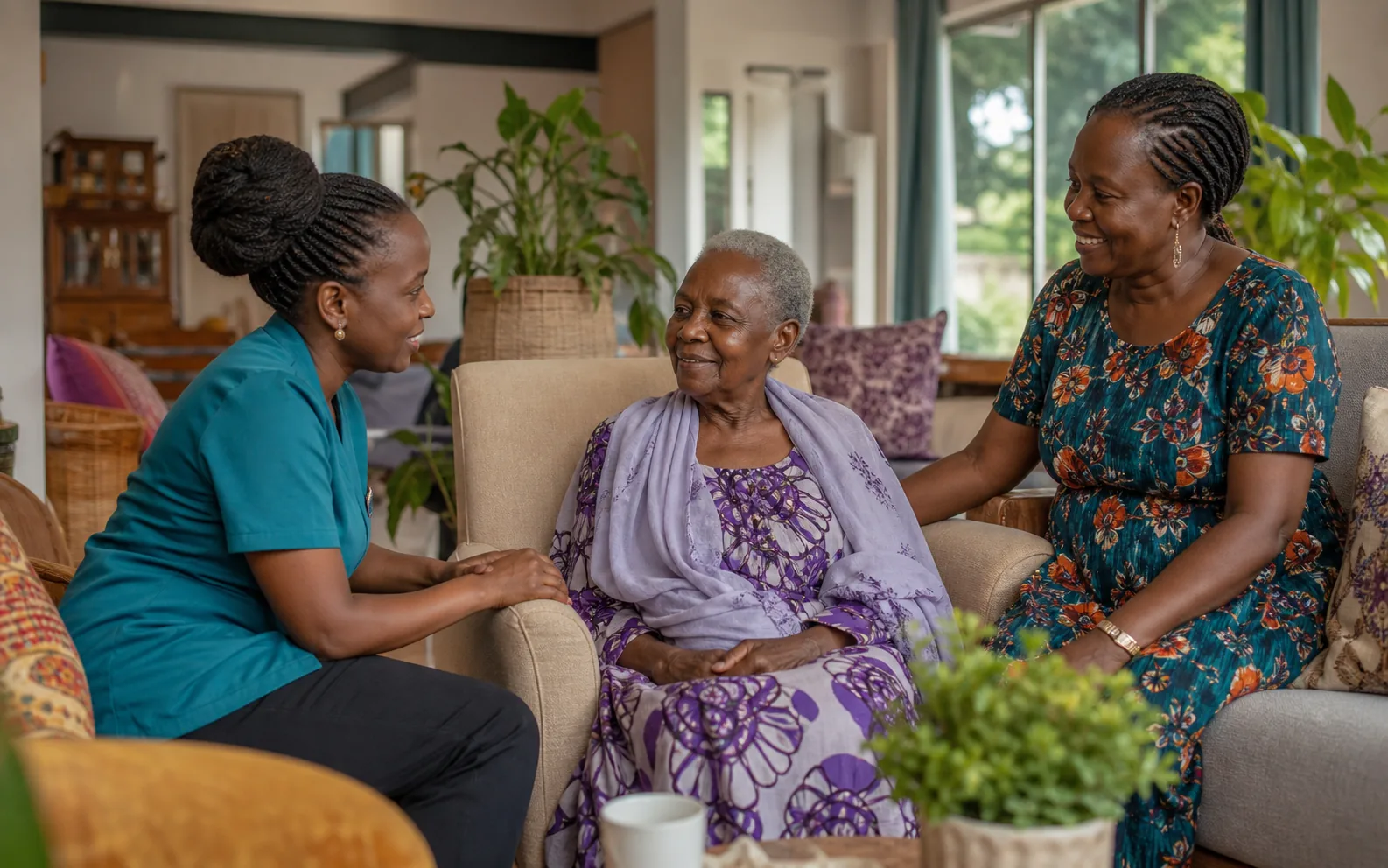 An older woman enjoying a reassuring conversation with a Navilla caregiver and family member