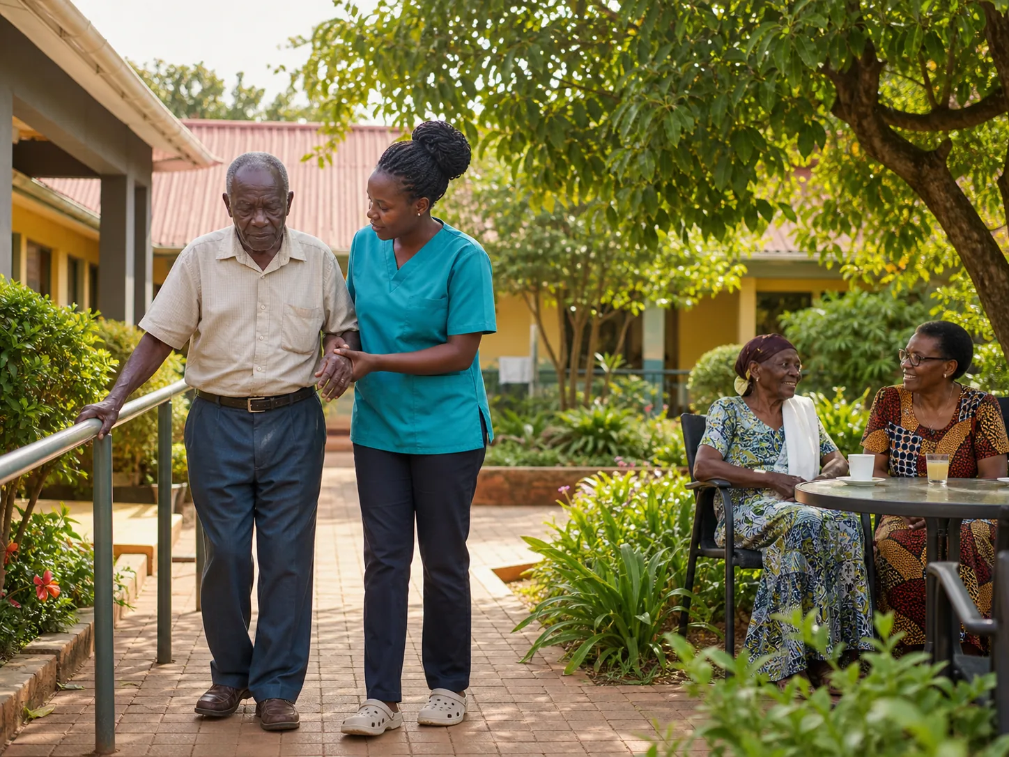 An older man practising gentle mobility with a caregiver in an accessible garden